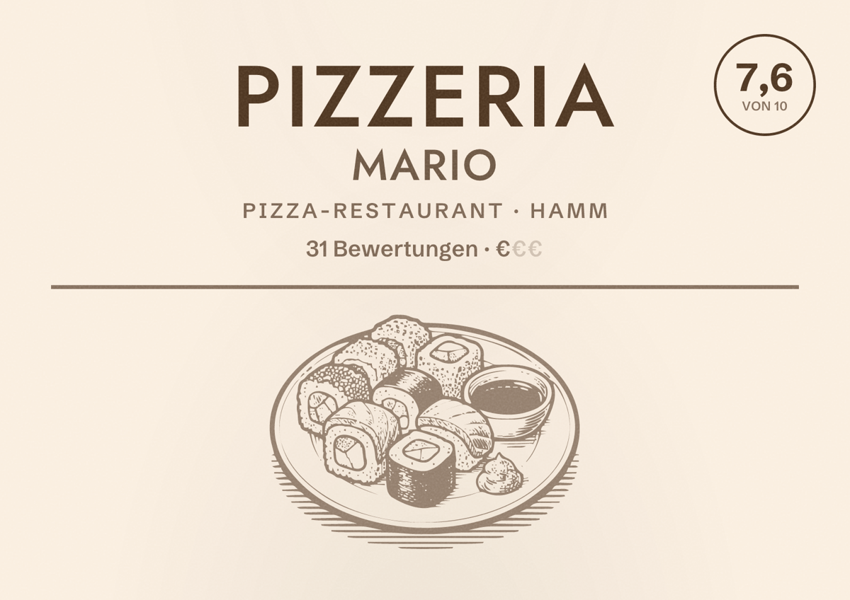 Illustriertes Poster von Pizzeria Mario, Pizza-Restaurant in Hamm: Bewertung 7,6 von 10 aus 31 Bewertungen, Preisniveau €