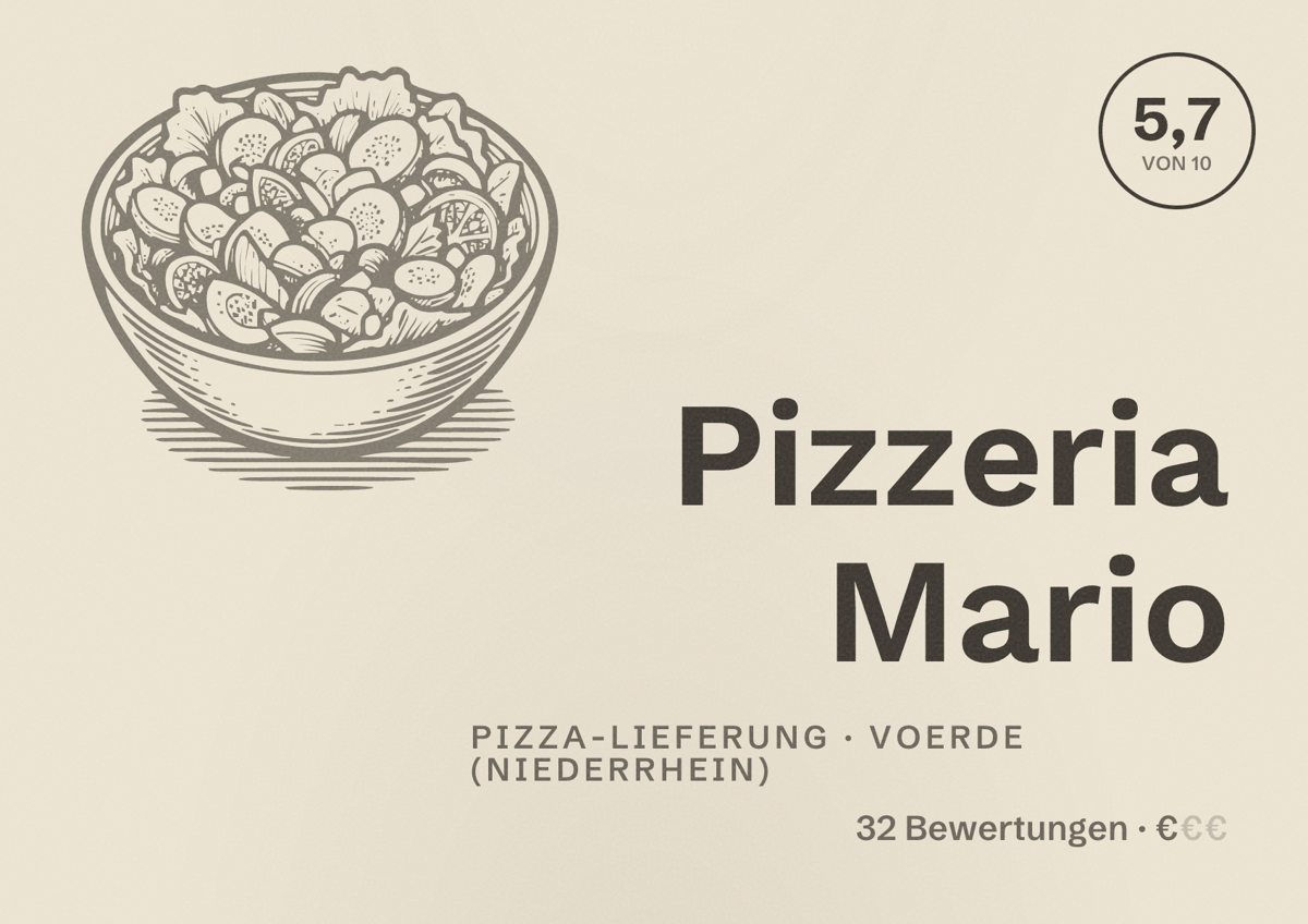 Illustriertes Poster von Pizzeria Mario, Pizza-Lieferung in Voerde (Niederrhein): Bewertung 5,7 von 10 aus 32 Bewertungen, Preisniveau €