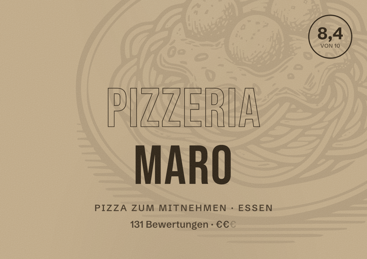 Illustriertes Poster von Pizzeria Maro, Pizza zum Mitnehmen in Essen: Bewertung 8,4 von 10 aus 131 Bewertungen, Preisniveau €€