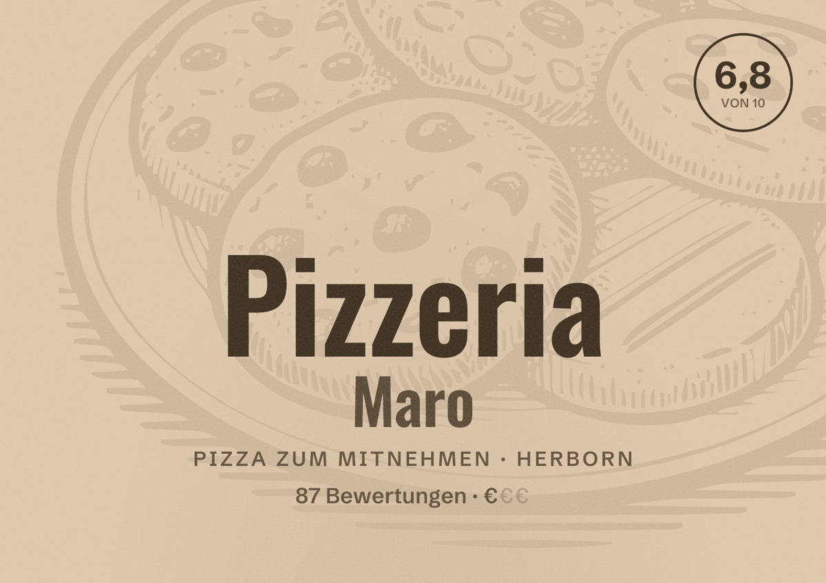 Illustriertes Poster von Pizzeria Maro, Pizza zum Mitnehmen in Herborn: Bewertung 6,8 von 10 aus 87 Bewertungen, Preisniveau €