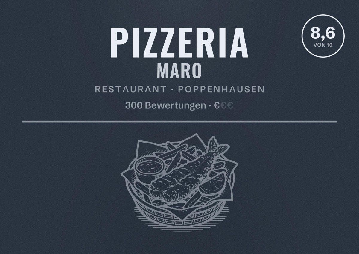 Illustriertes Poster von Pizzeria Maro, Restaurant in Poppenhausen: Bewertung 8,6 von 10 aus 300 Bewertungen, Preisniveau €