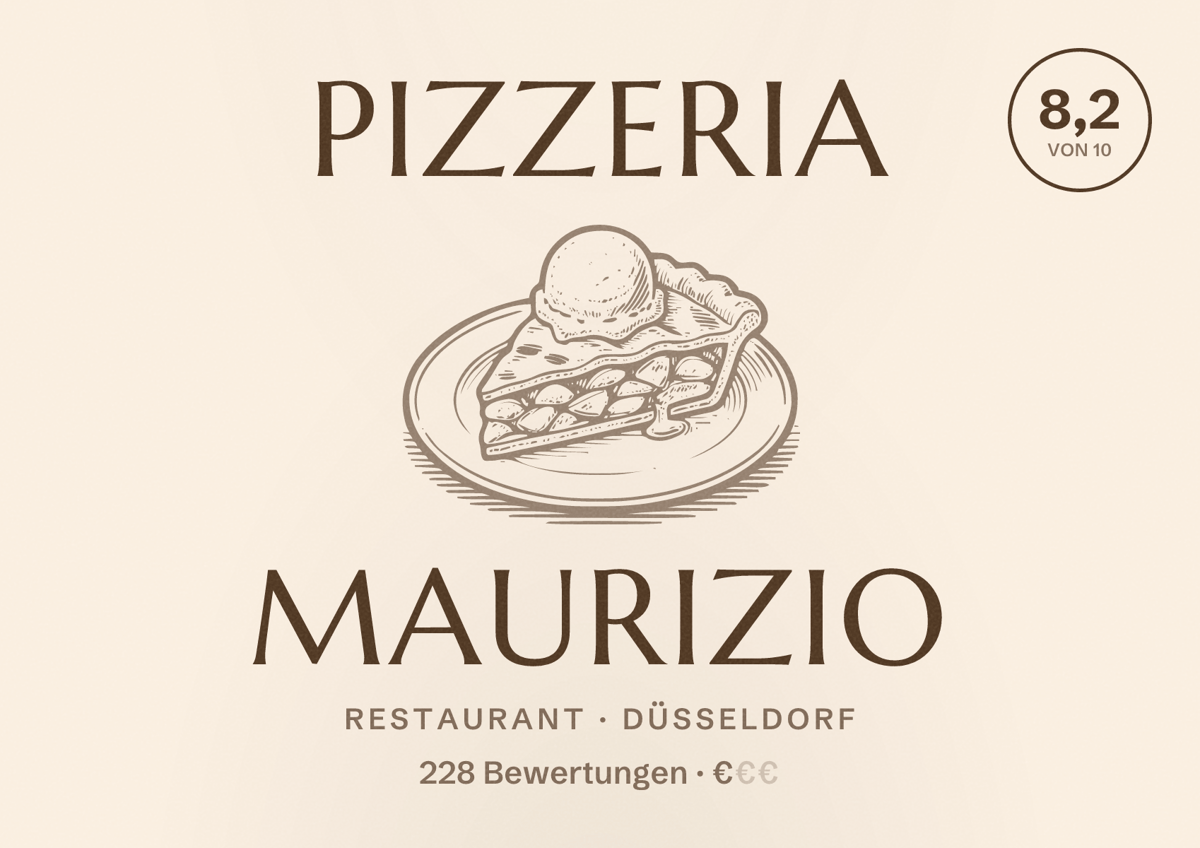 Illustriertes Poster von Pizzeria Maurizio, Restaurant in Düsseldorf: Bewertung 8,2 von 10 aus 228 Bewertungen, Preisniveau €