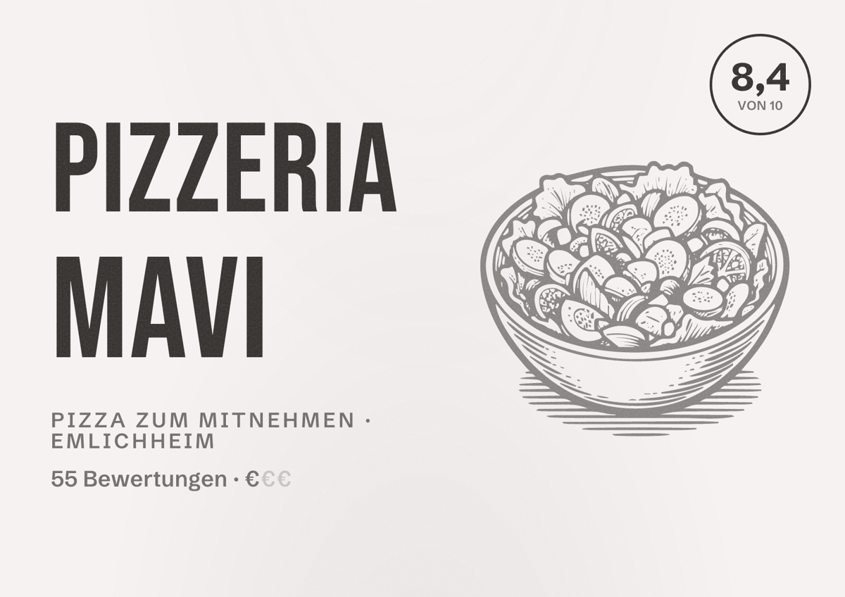 Illustriertes Poster von Pizzeria Mavi, Pizza zum Mitnehmen in Emlichheim: Bewertung 8,4 von 10 aus 55 Bewertungen, Preisniveau €