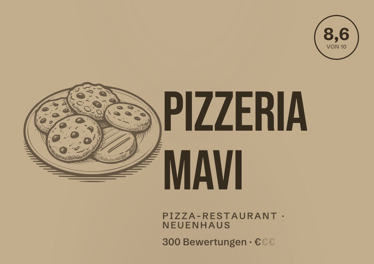Illustriertes Poster von Pizzeria Mavi, Pizza-Restaurant in Neuenhaus: Bewertung 8,6 von 10 aus 300 Bewertungen, Preisniveau €
