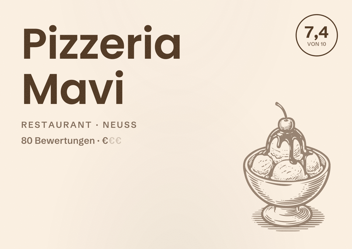 Illustriertes Poster von Pizzeria Mavi, Restaurant in Neuss: Bewertung 7,4 von 10 aus 80 Bewertungen, Preisniveau €