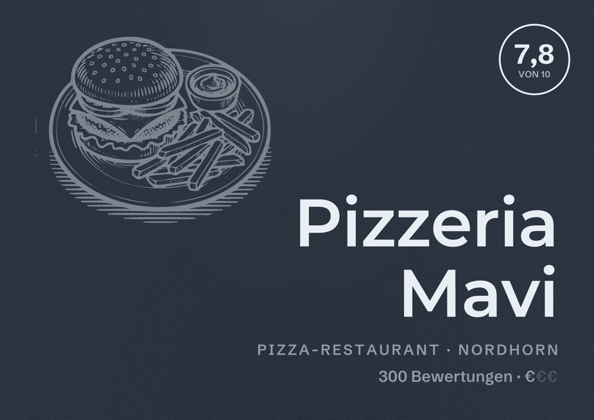 Illustriertes Poster von Pizzeria Mavi, Pizza-Restaurant in Nordhorn: Bewertung 7,8 von 10 aus 300 Bewertungen, Preisniveau €