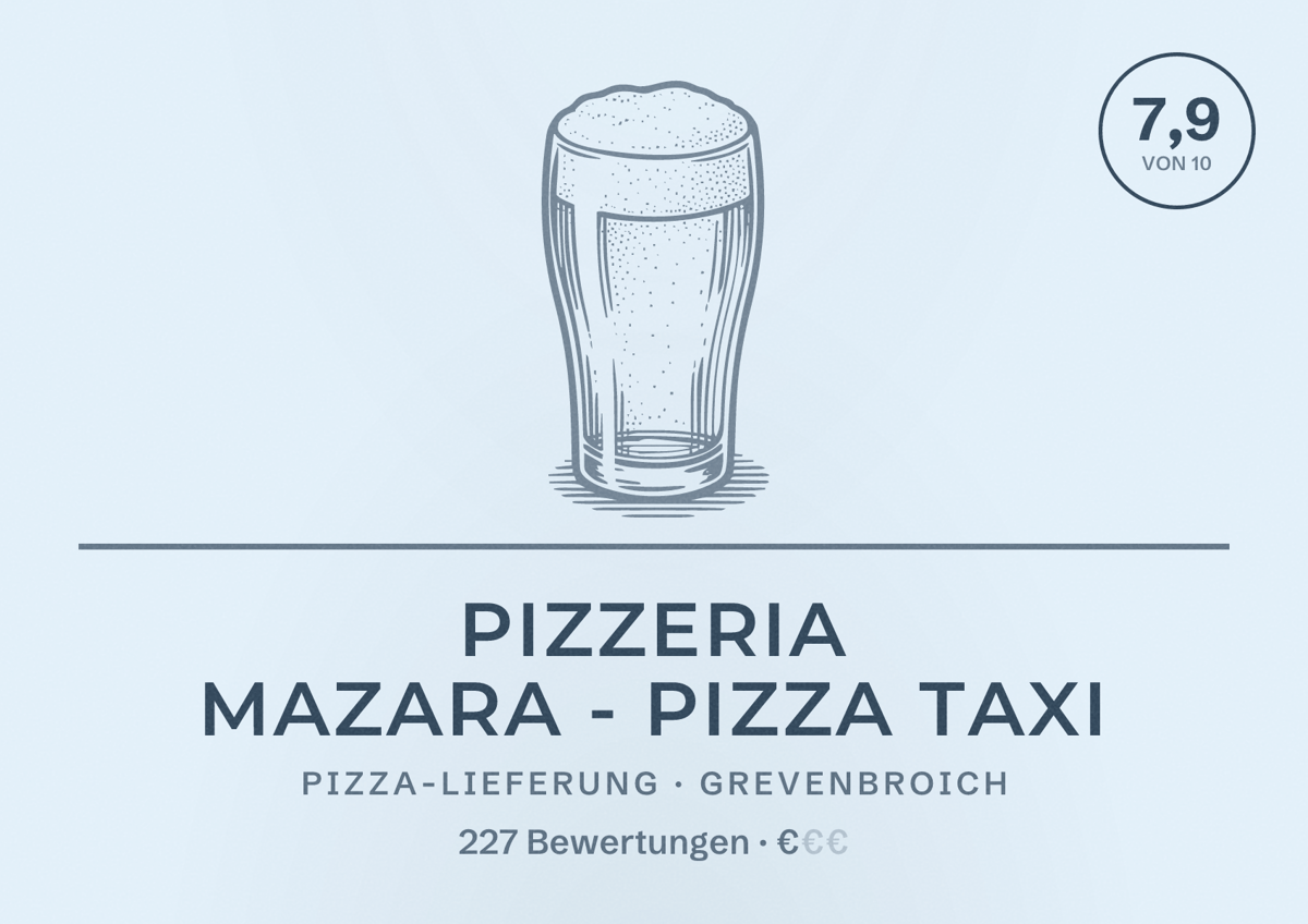 Illustriertes Poster von Pizzeria Mazara - Pizza Taxi, Pizza-Lieferung in Grevenbroich: Bewertung 7,9 von 10 aus 227 Bewertungen, Preisniveau €