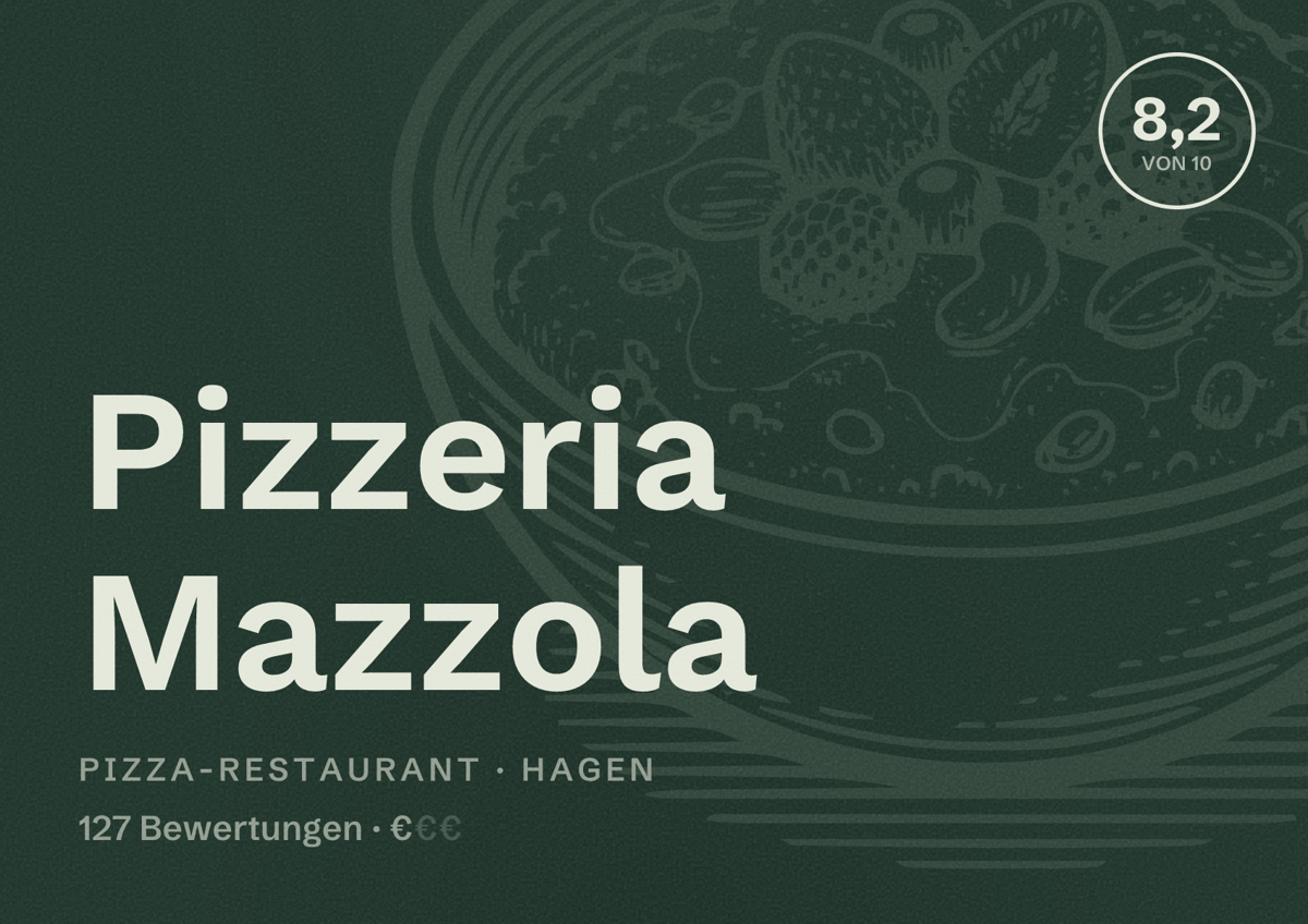 Illustriertes Poster von Pizzeria Mazzola, Pizza-Restaurant in Hagen: Bewertung 8,2 von 10 aus 127 Bewertungen, Preisniveau €