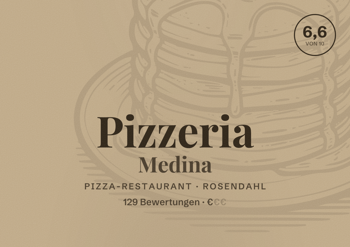 Illustriertes Poster von Pizzeria Medina, Pizza-Restaurant in Rosendahl: Bewertung 6,6 von 10 aus 129 Bewertungen, Preisniveau €