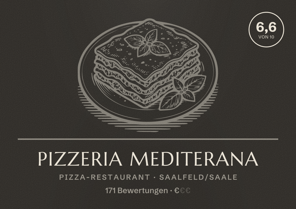 Illustriertes Poster von Pizzeria Mediterana, Pizza-Restaurant in Saalfeld/Saale: Bewertung 6,6 von 10 aus 171 Bewertungen, Preisniveau €