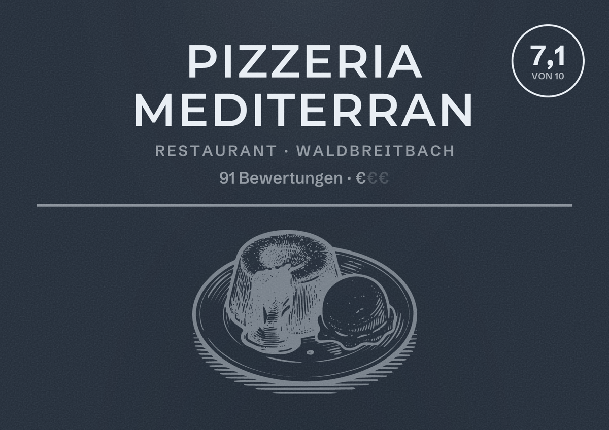 Illustriertes Poster von Pizzeria Mediterran, Restaurant in Waldbreitbach: Bewertung 7,1 von 10 aus 91 Bewertungen, Preisniveau €