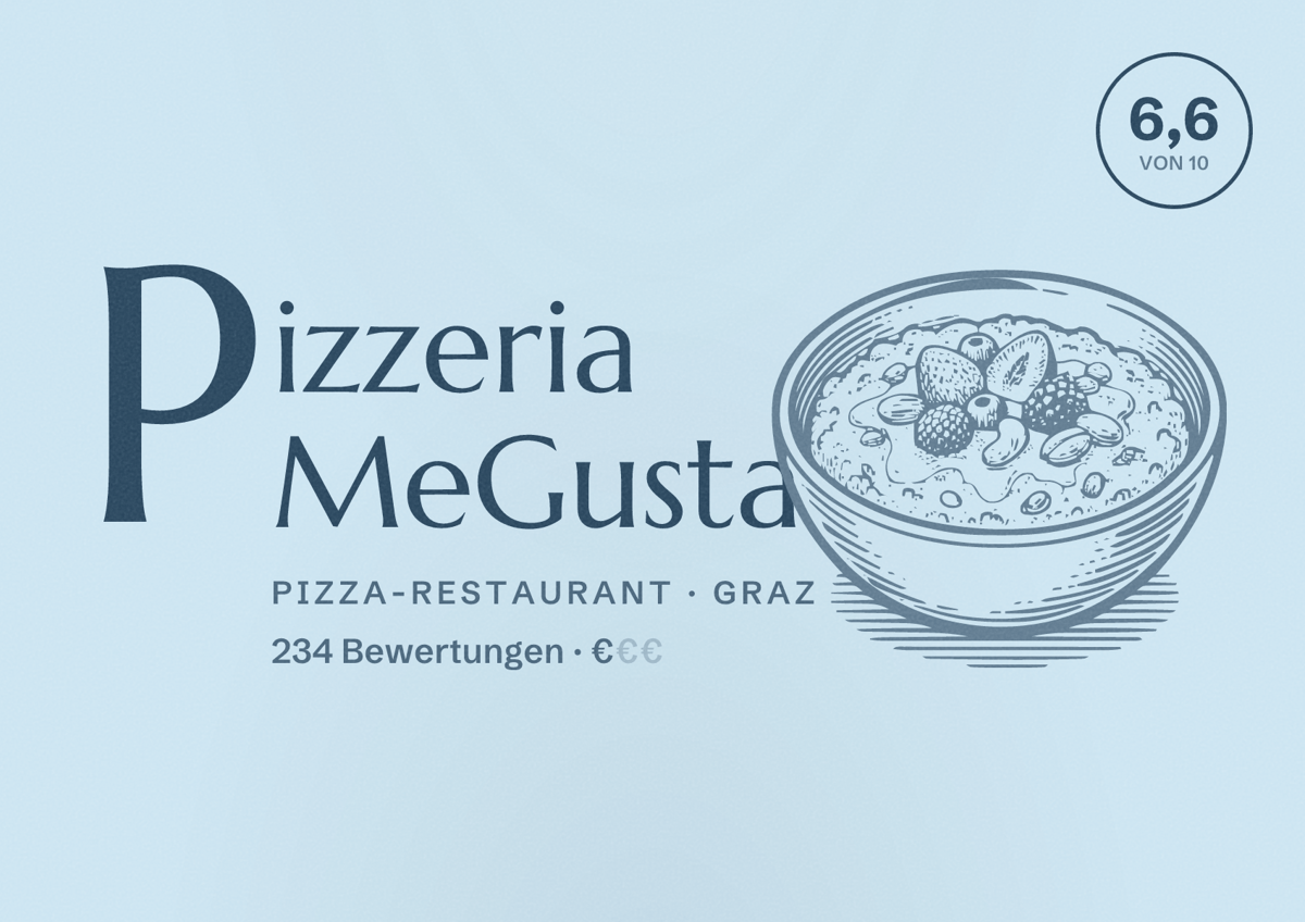 Illustriertes Poster von Pizzeria MeGusta, Pizza-Restaurant in Graz: Bewertung 6,6 von 10 aus 234 Bewertungen, Preisniveau €