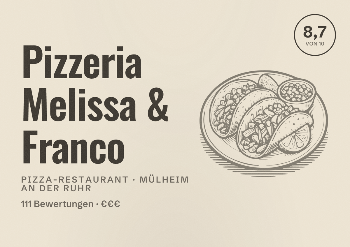 Illustriertes Poster von Pizzeria Melissa & Franco, Pizza-Restaurant in Mülheim an der Ruhr: Bewertung 8,7 von 10 aus 111 Bewertungen, Preisniveau €€€