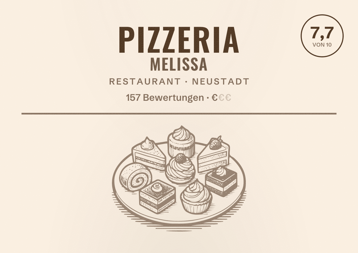 Illustriertes Poster von Pizzeria Melissa, Restaurant in Neustadt: Bewertung 7,7 von 10 aus 157 Bewertungen, Preisniveau €