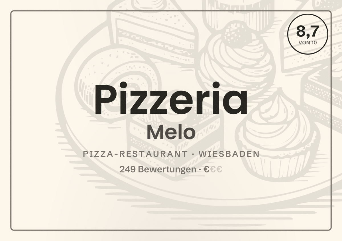 Illustriertes Poster von Pizzeria Melo, Pizza-Restaurant in Wiesbaden: Bewertung 8,7 von 10 aus 249 Bewertungen, Preisniveau €