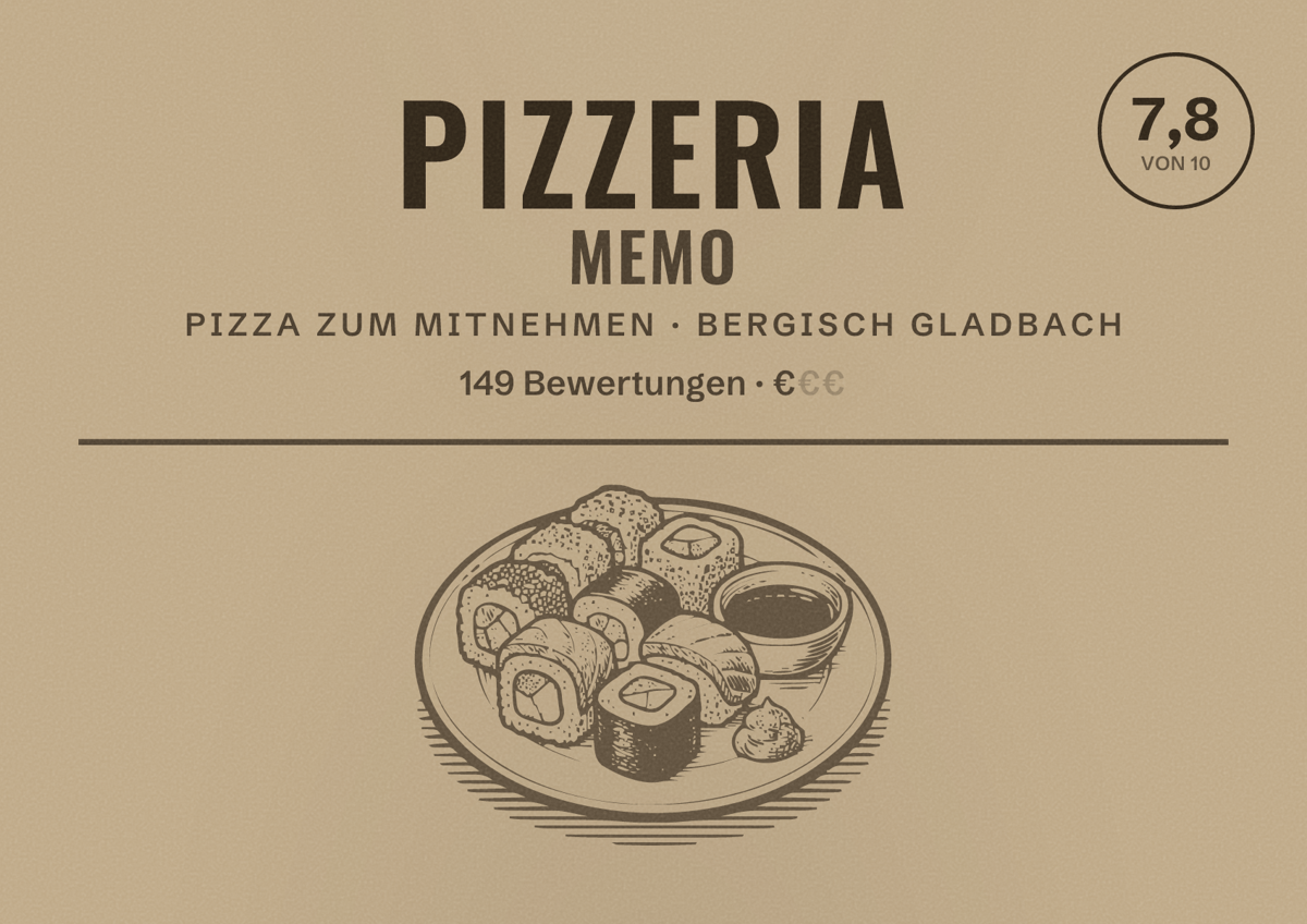 Illustriertes Poster von Pizzeria Memo, Pizza zum Mitnehmen in Bergisch Gladbach: Bewertung 7,8 von 10 aus 149 Bewertungen, Preisniveau €