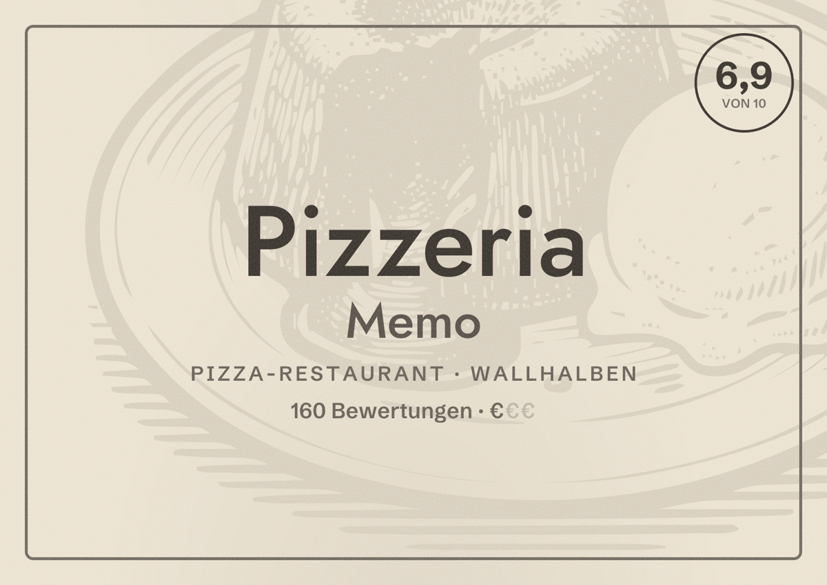 Illustriertes Poster von Pizzeria Memo, Pizza-Restaurant in Wallhalben: Bewertung 6,9 von 10 aus 160 Bewertungen, Preisniveau €