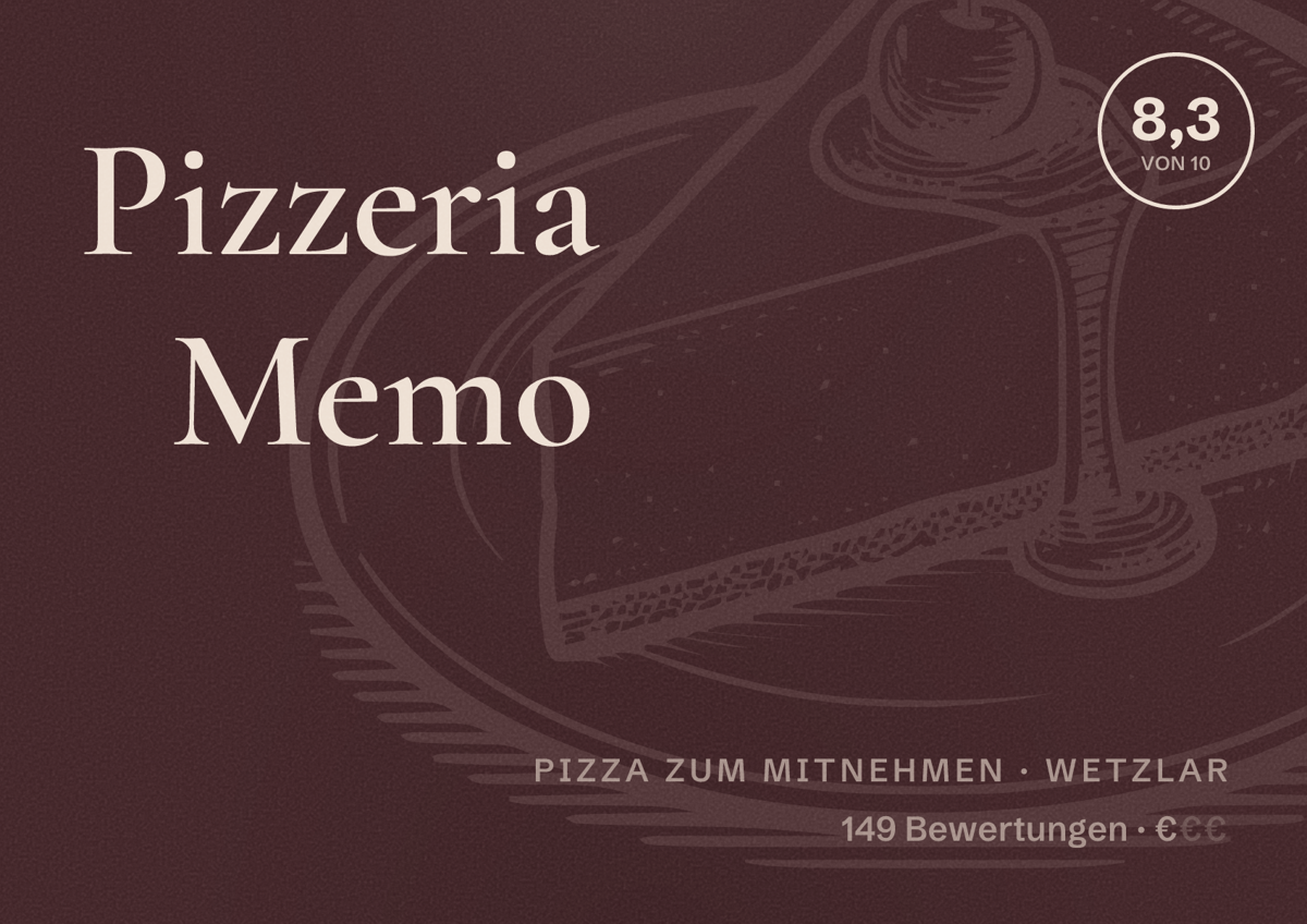 Illustriertes Poster von Pizzeria Memo, Pizza zum Mitnehmen in Wetzlar: Bewertung 8,3 von 10 aus 149 Bewertungen, Preisniveau €