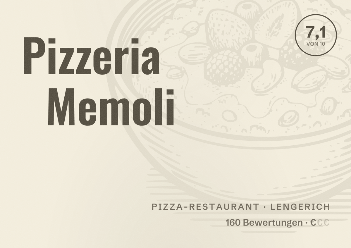 Illustriertes Poster von Pizzeria Memoli, Pizza-Restaurant in Lengerich: Bewertung 7,1 von 10 aus 160 Bewertungen, Preisniveau €