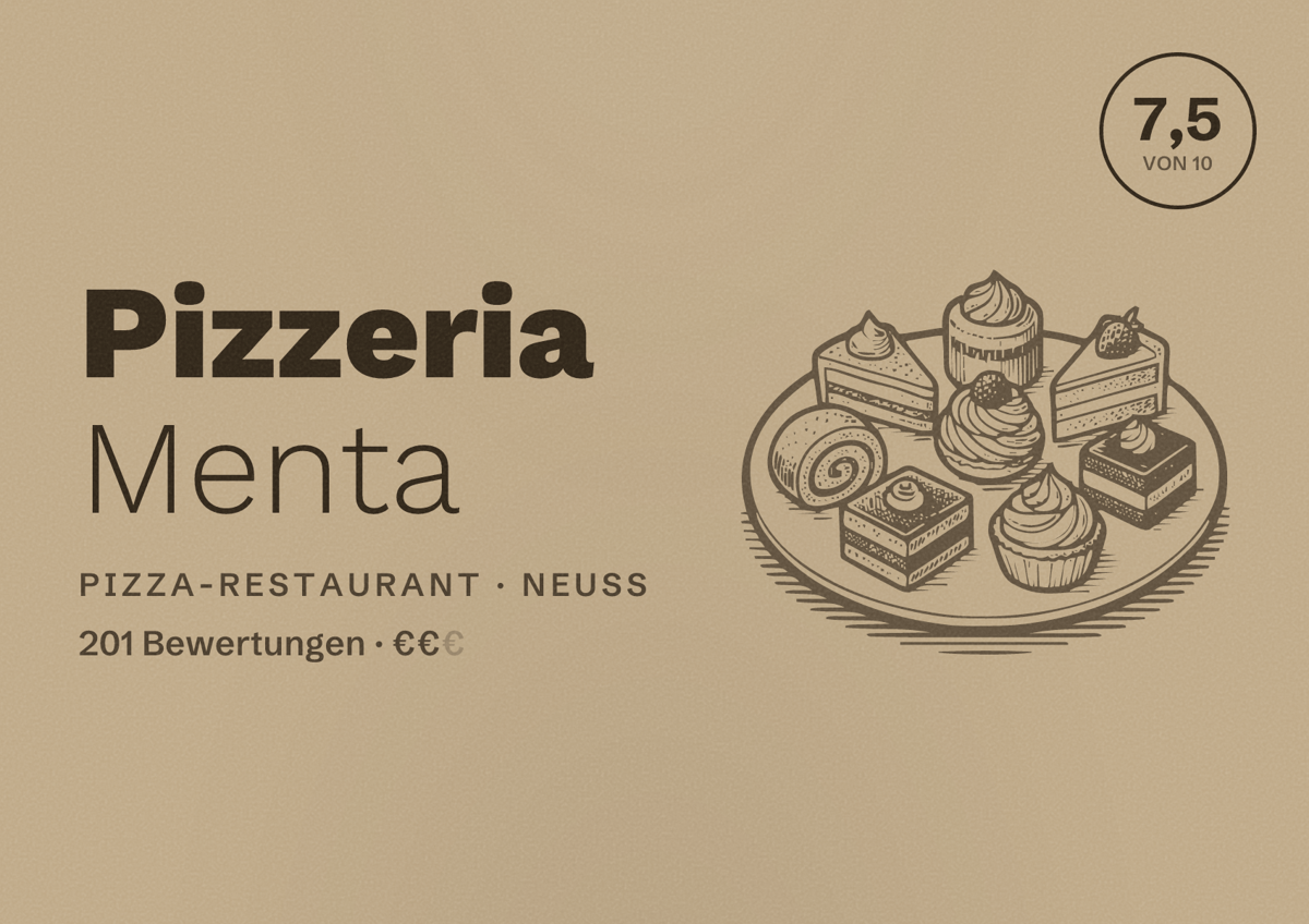 Illustriertes Poster von Pizzeria Menta, Pizza-Restaurant in Neuss: Bewertung 7,5 von 10 aus 201 Bewertungen, Preisniveau €€
