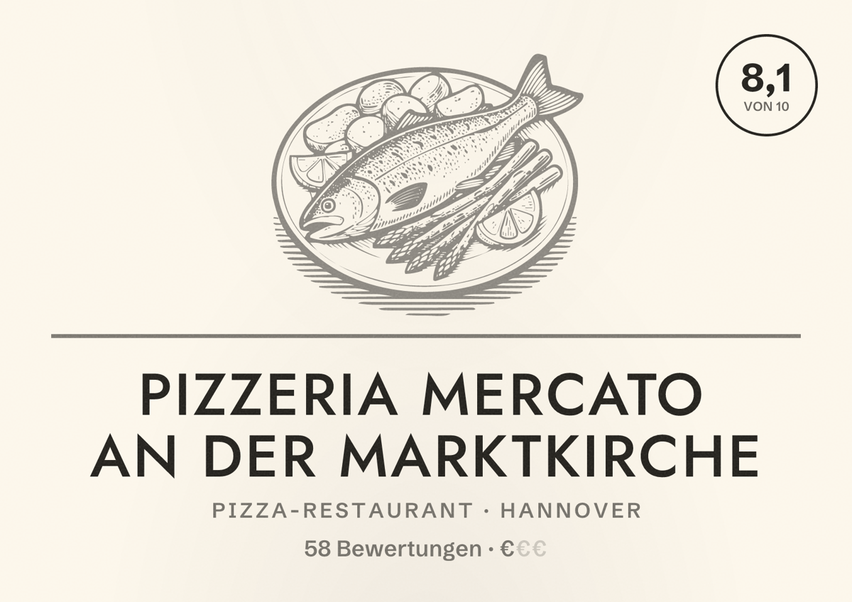 Illustriertes Poster von Pizzeria Mercato an der Marktkirche, Pizza-Restaurant in Hannover: Bewertung 8,1 von 10 aus 58 Bewertungen, Preisniveau €