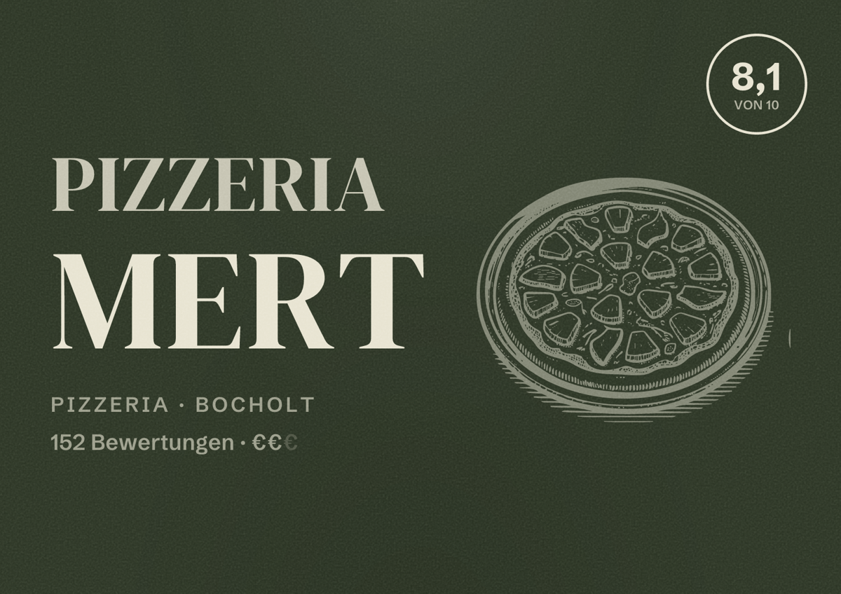 Illustriertes Poster von Pizzeria Mert, Pizzeria in Bocholt: Bewertung 8,1 von 10 aus 152 Bewertungen, Preisniveau €€