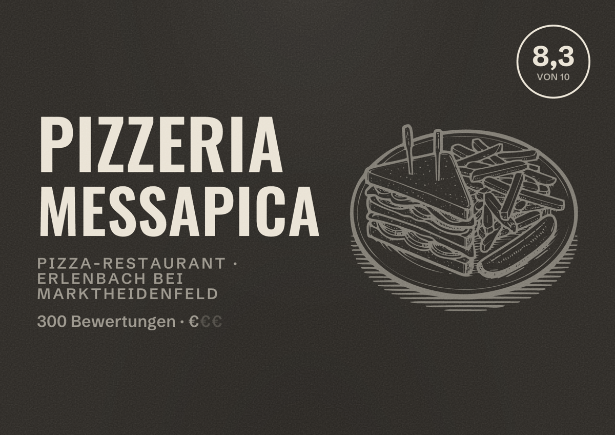 Illustriertes Poster von Pizzeria Messapica, Pizza-Restaurant in Erlenbach bei Marktheidenfeld: Bewertung 8,3 von 10 aus 300 Bewertungen, Preisniveau €
