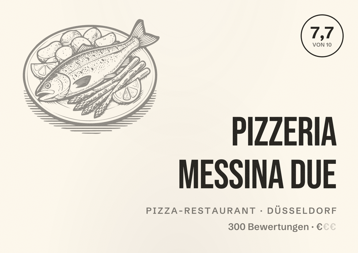Illustriertes Poster von Pizzeria Messina Due, Pizza-Restaurant in Düsseldorf: Bewertung 7,7 von 10 aus 300 Bewertungen, Preisniveau €