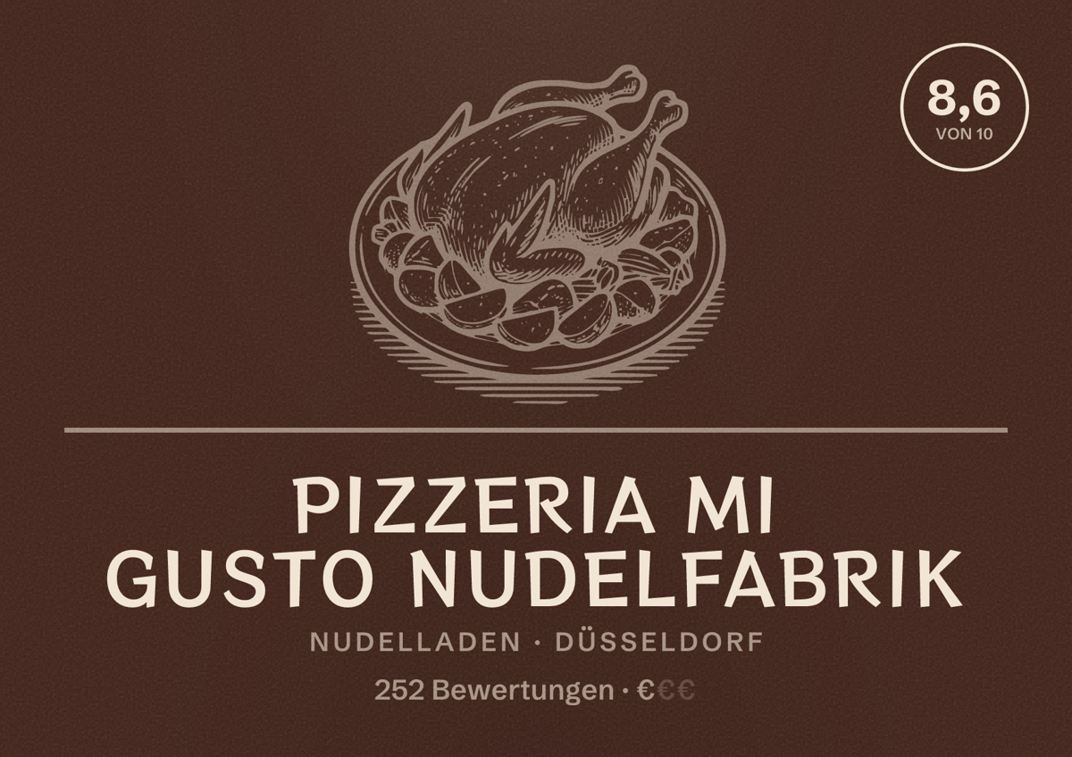 Illustriertes Poster von Pizzeria Mi Gusto Nudelfabrik, Nudelladen in Düsseldorf: Bewertung 8,6 von 10 aus 252 Bewertungen, Preisniveau €