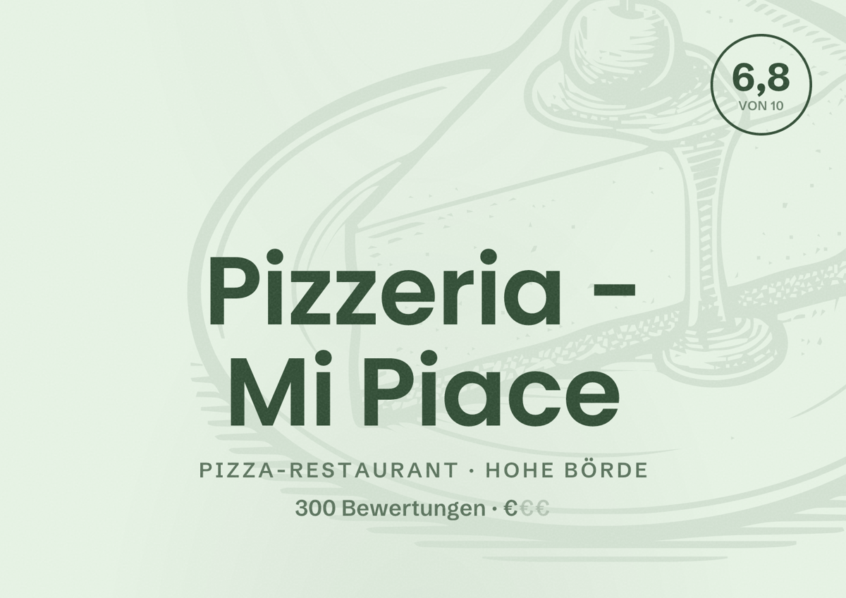 Illustriertes Poster von Pizzeria - Mi Piace, Pizza-Restaurant in Hohe Börde: Bewertung 6,8 von 10 aus 300 Bewertungen, Preisniveau €