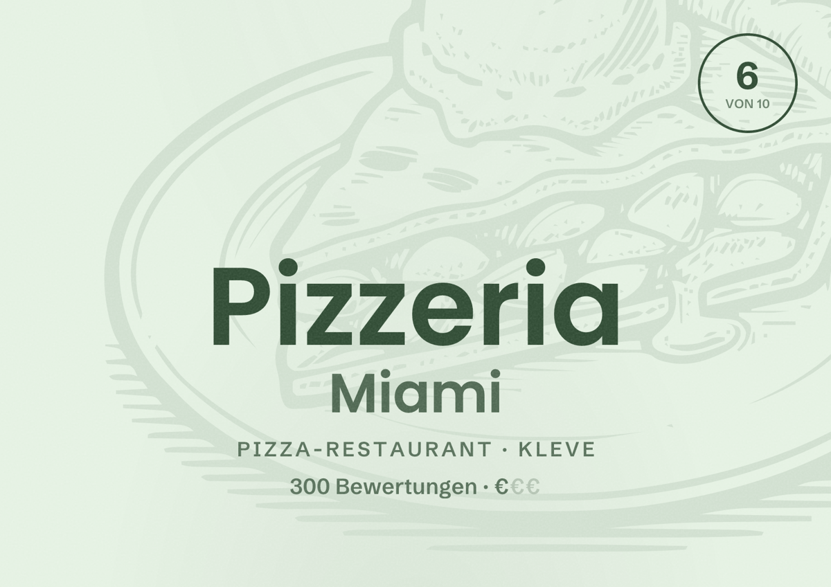 Illustriertes Poster von Pizzeria Miami, Pizza-Restaurant in Kleve: Bewertung 6 von 10 aus 300 Bewertungen, Preisniveau €