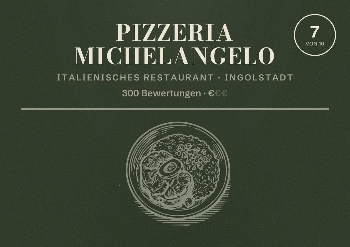 Illustriertes Poster von Pizzeria Michelangelo, Italienisches Restaurant in Ingolstadt: Bewertung 7 von 10 aus 300 Bewertungen, Preisniveau €