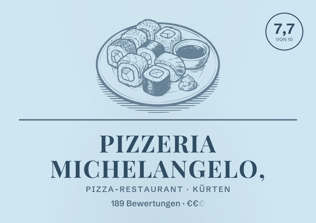 Illustriertes Poster von Pizzeria Michelangelo,, Pizza-Restaurant in Kürten: Bewertung 7,7 von 10 aus 189 Bewertungen, Preisniveau €€