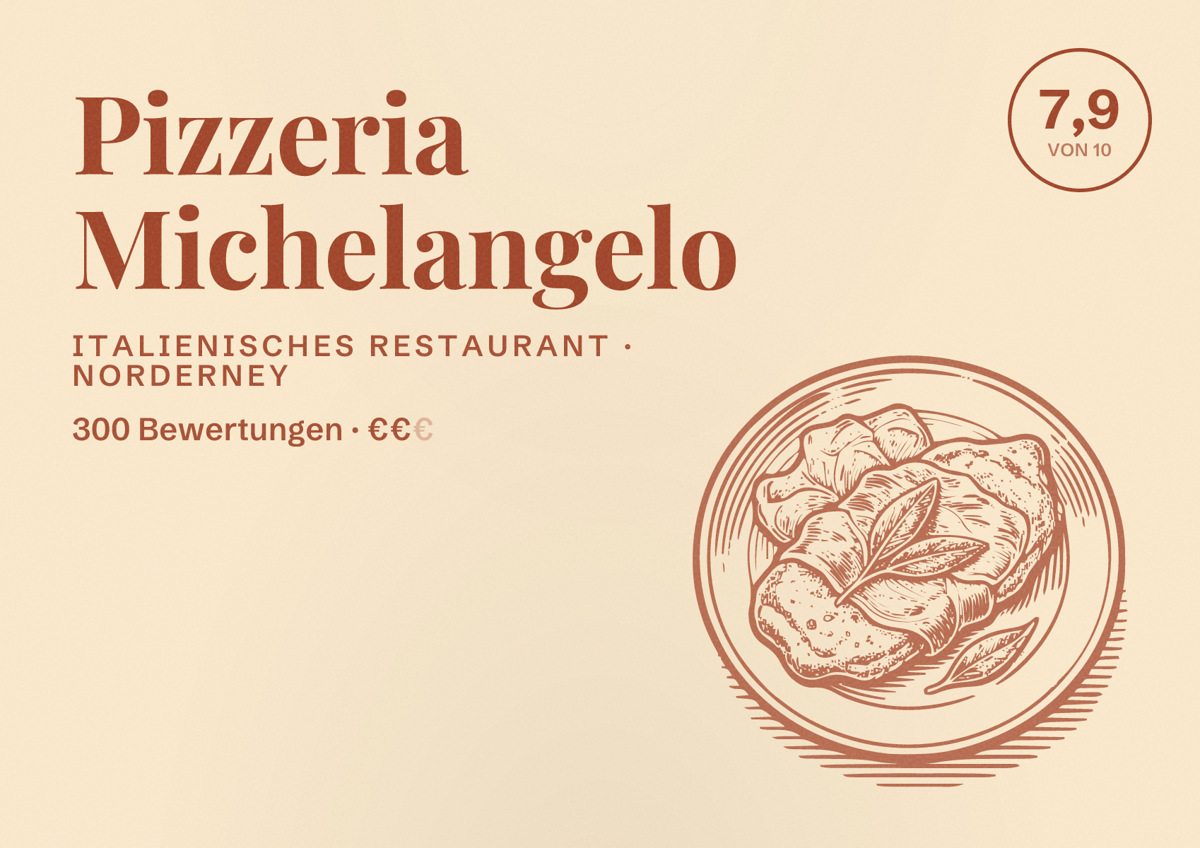Illustriertes Poster von Pizzeria Michelangelo, Italienisches Restaurant in Norderney: Bewertung 7,9 von 10 aus 300 Bewertungen, Preisniveau €€