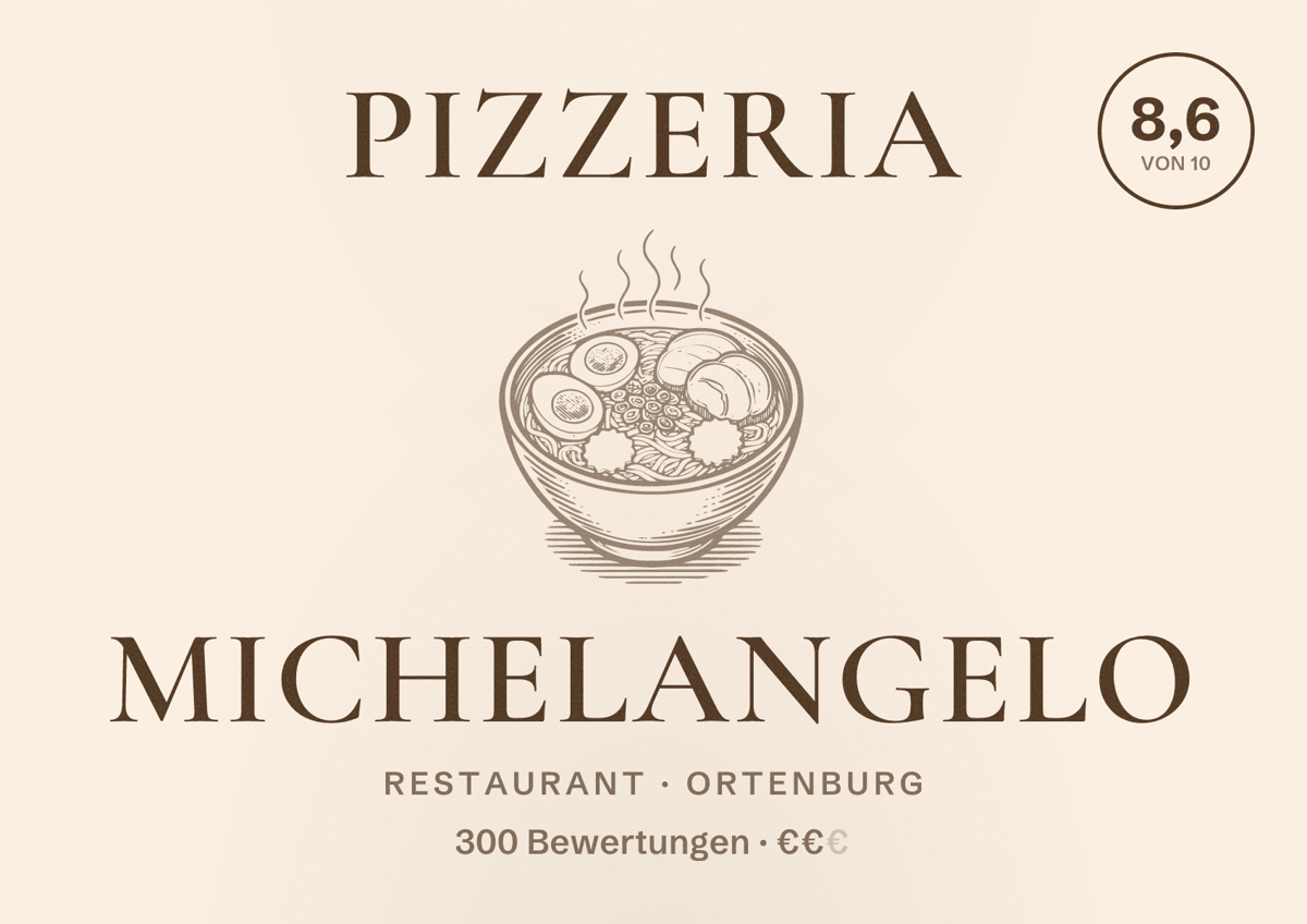 Illustriertes Poster von Pizzeria Michelangelo, Restaurant in Ortenburg: Bewertung 8,6 von 10 aus 300 Bewertungen, Preisniveau €€