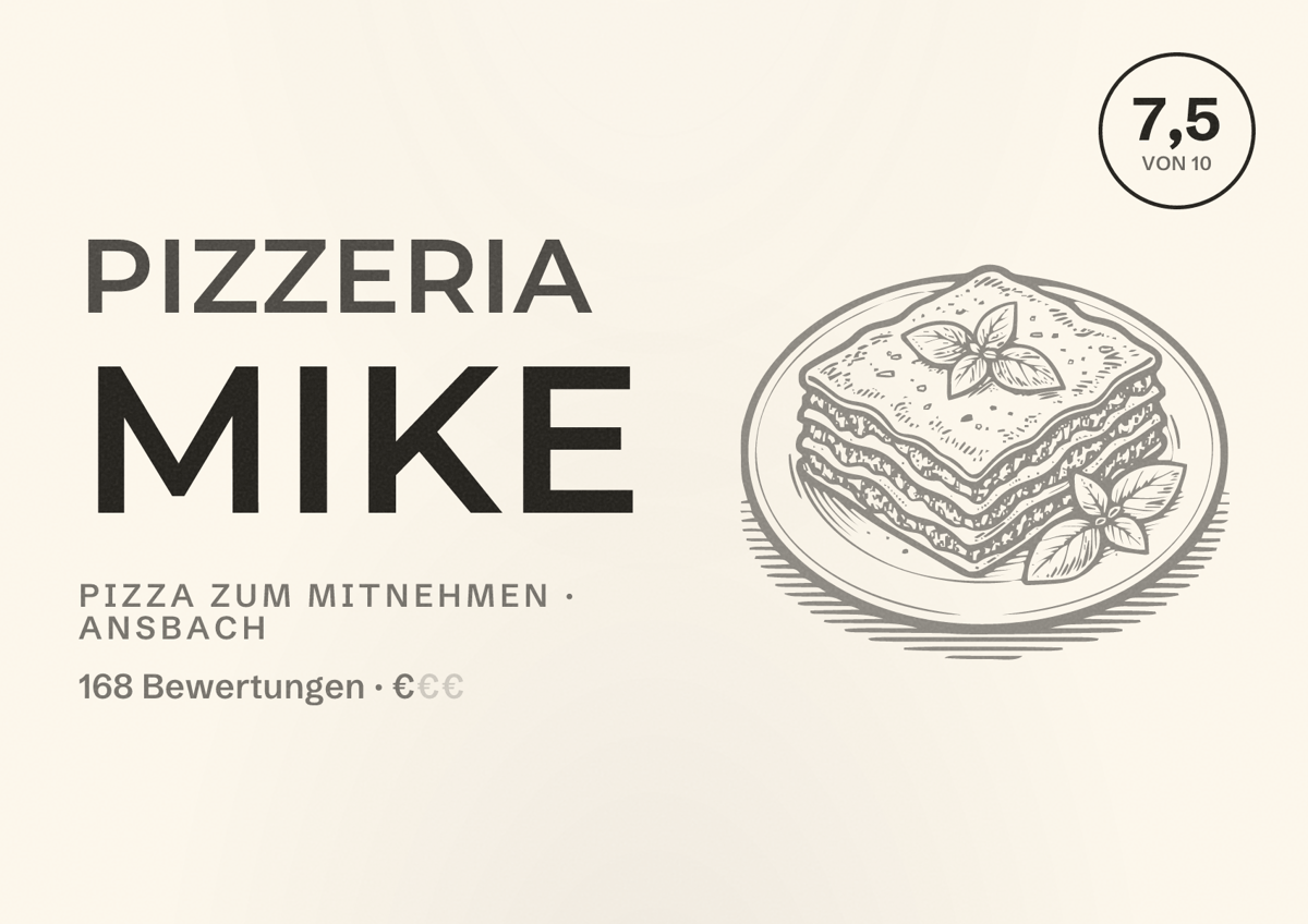 Illustriertes Poster von Pizzeria Mike, Pizza zum Mitnehmen in Ansbach: Bewertung 7,5 von 10 aus 168 Bewertungen, Preisniveau €