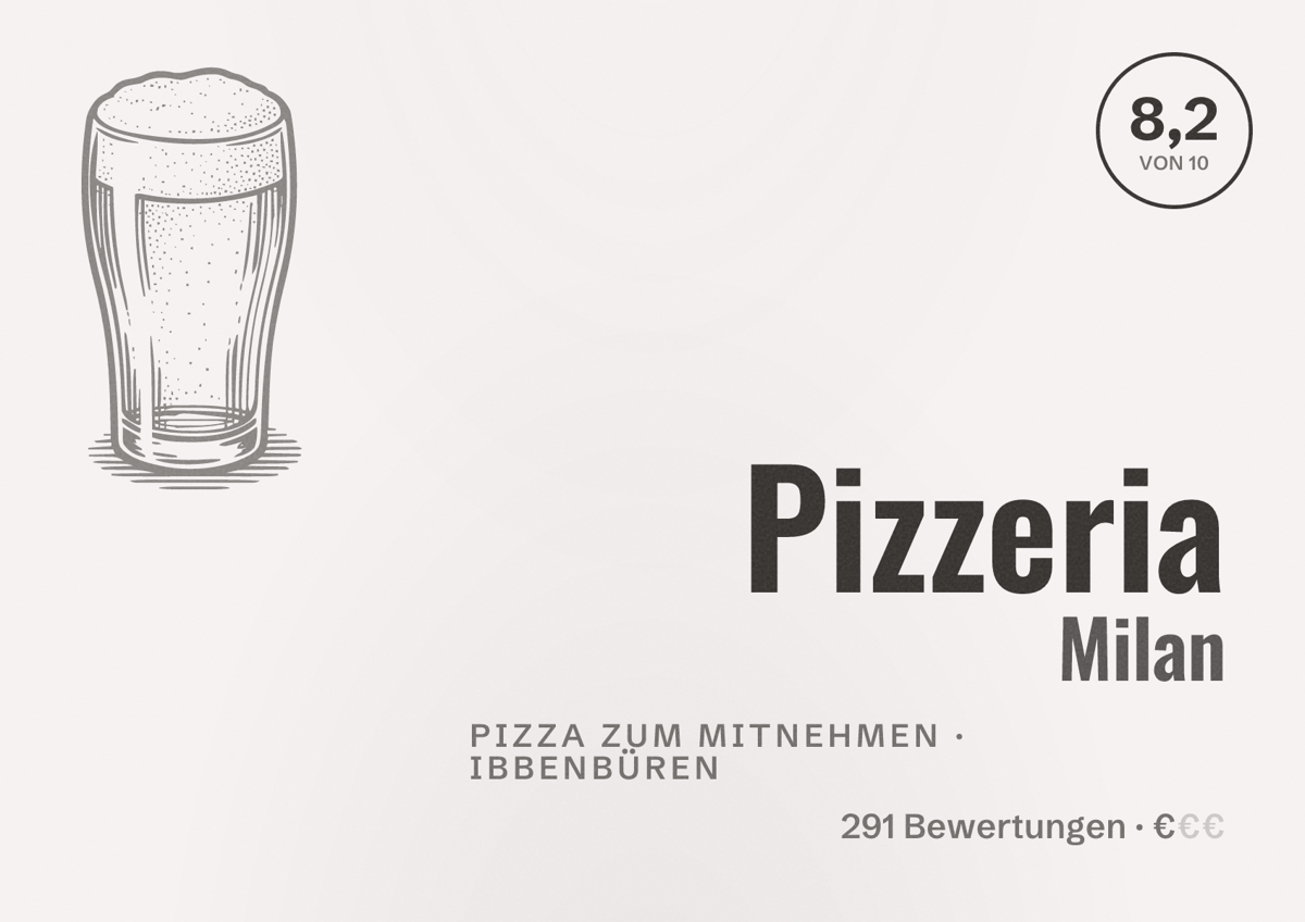 Illustriertes Poster von Pizzeria Milan, Pizza zum Mitnehmen in Ibbenbüren: Bewertung 8,2 von 10 aus 291 Bewertungen, Preisniveau €
