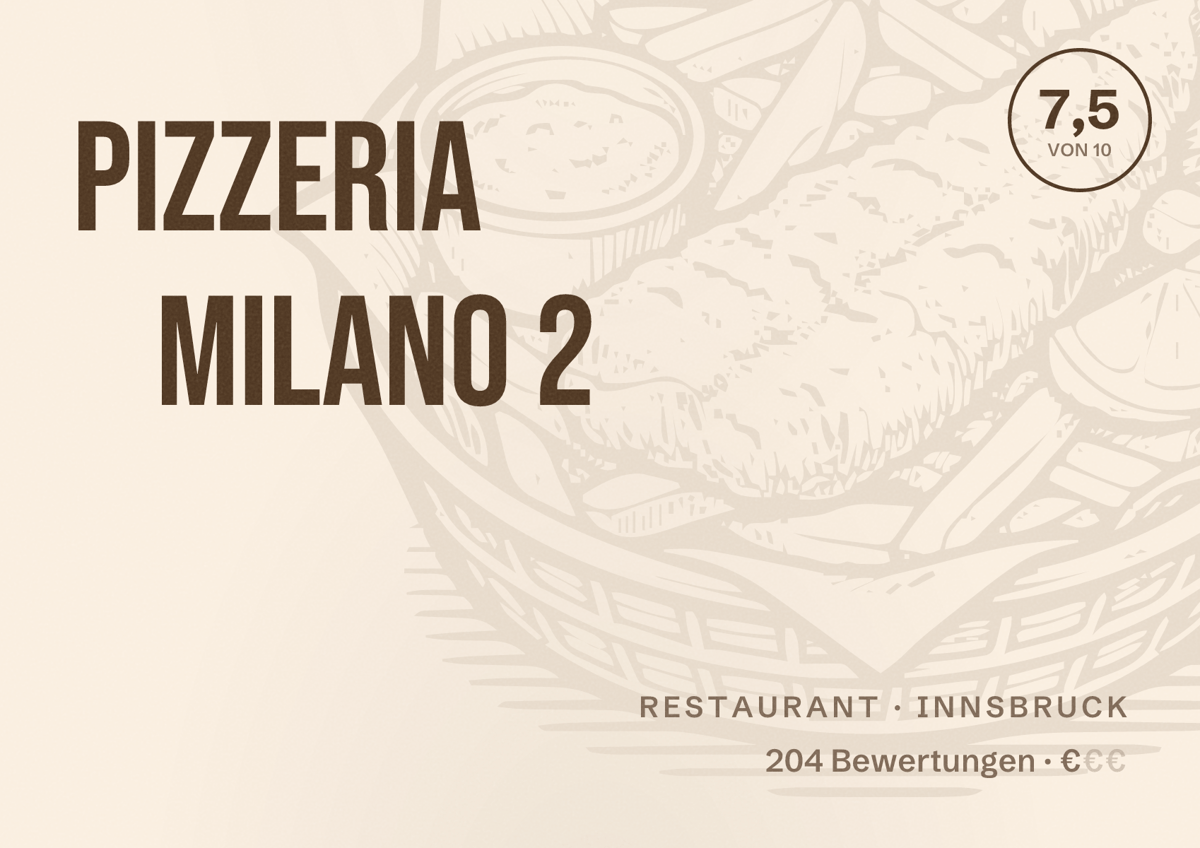 Illustriertes Poster von Pizzeria Milano 2, Restaurant in Innsbruck: Bewertung 7,5 von 10 aus 204 Bewertungen, Preisniveau €