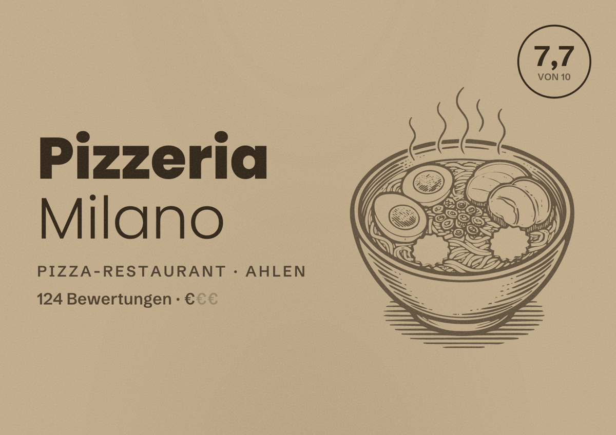 Illustriertes Poster von Pizzeria Milano, Pizza-Restaurant in Ahlen: Bewertung 7,7 von 10 aus 124 Bewertungen, Preisniveau €