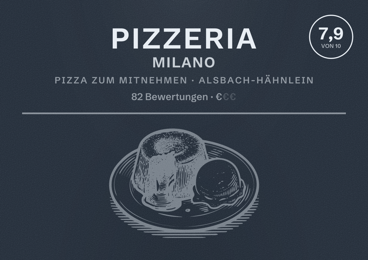 Illustriertes Poster von Pizzeria Milano, Pizza zum Mitnehmen in Alsbach-Hähnlein: Bewertung 7,9 von 10 aus 82 Bewertungen, Preisniveau €