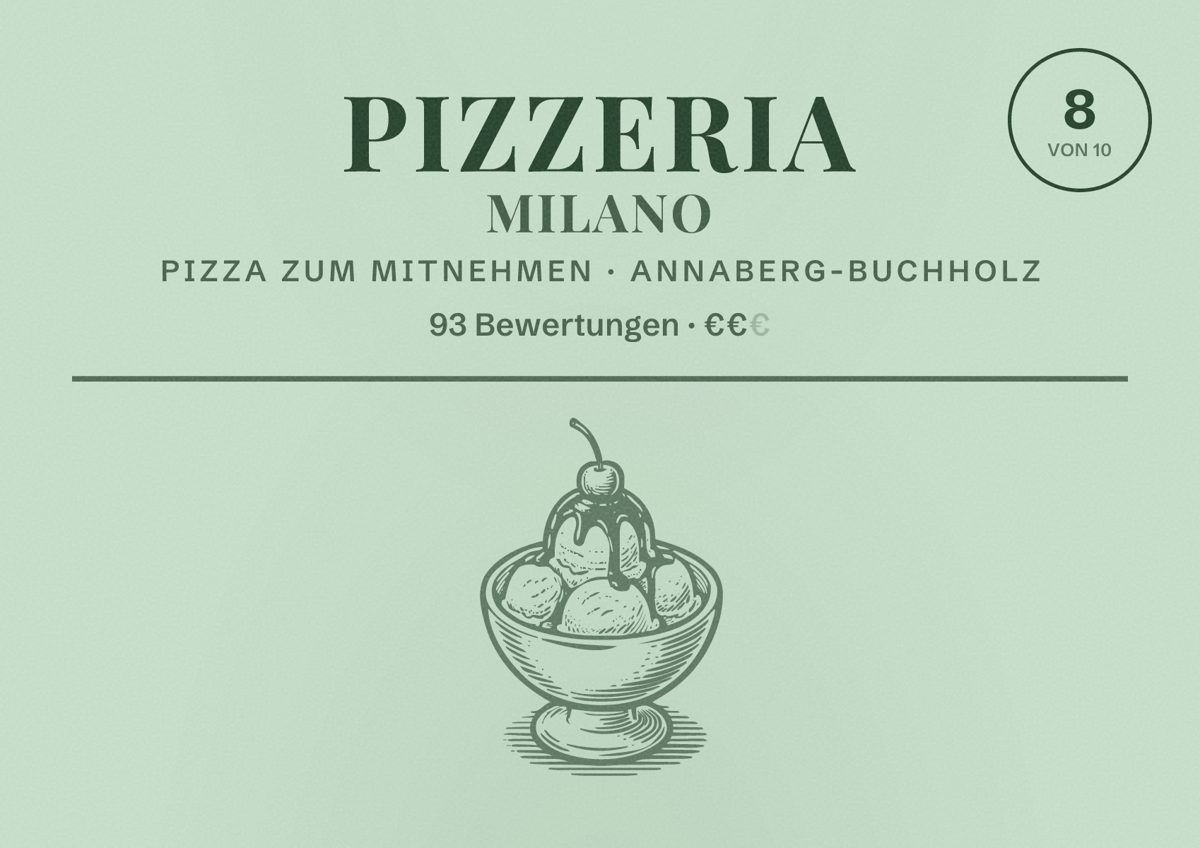 Illustriertes Poster von Pizzeria Milano, Pizza zum Mitnehmen in Annaberg-Buchholz: Bewertung 8 von 10 aus 93 Bewertungen, Preisniveau €€