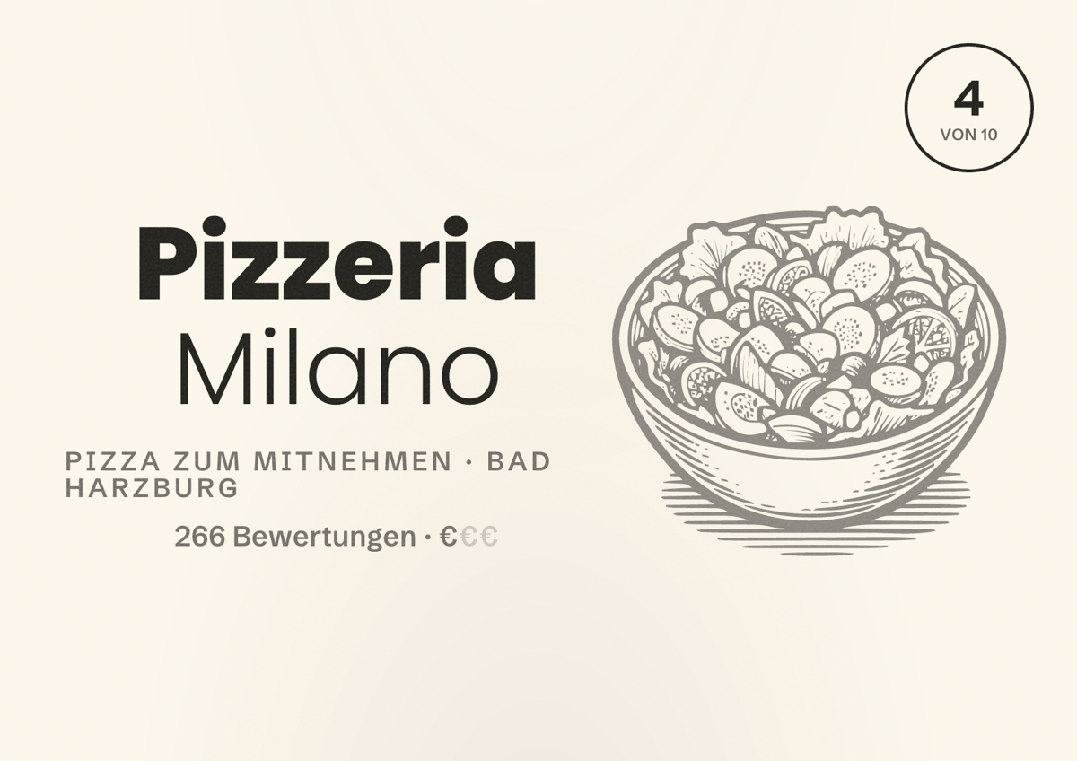 Illustriertes Poster von Pizzeria Milano, Pizza zum Mitnehmen in Bad Harzburg: Bewertung 4 von 10 aus 266 Bewertungen, Preisniveau €