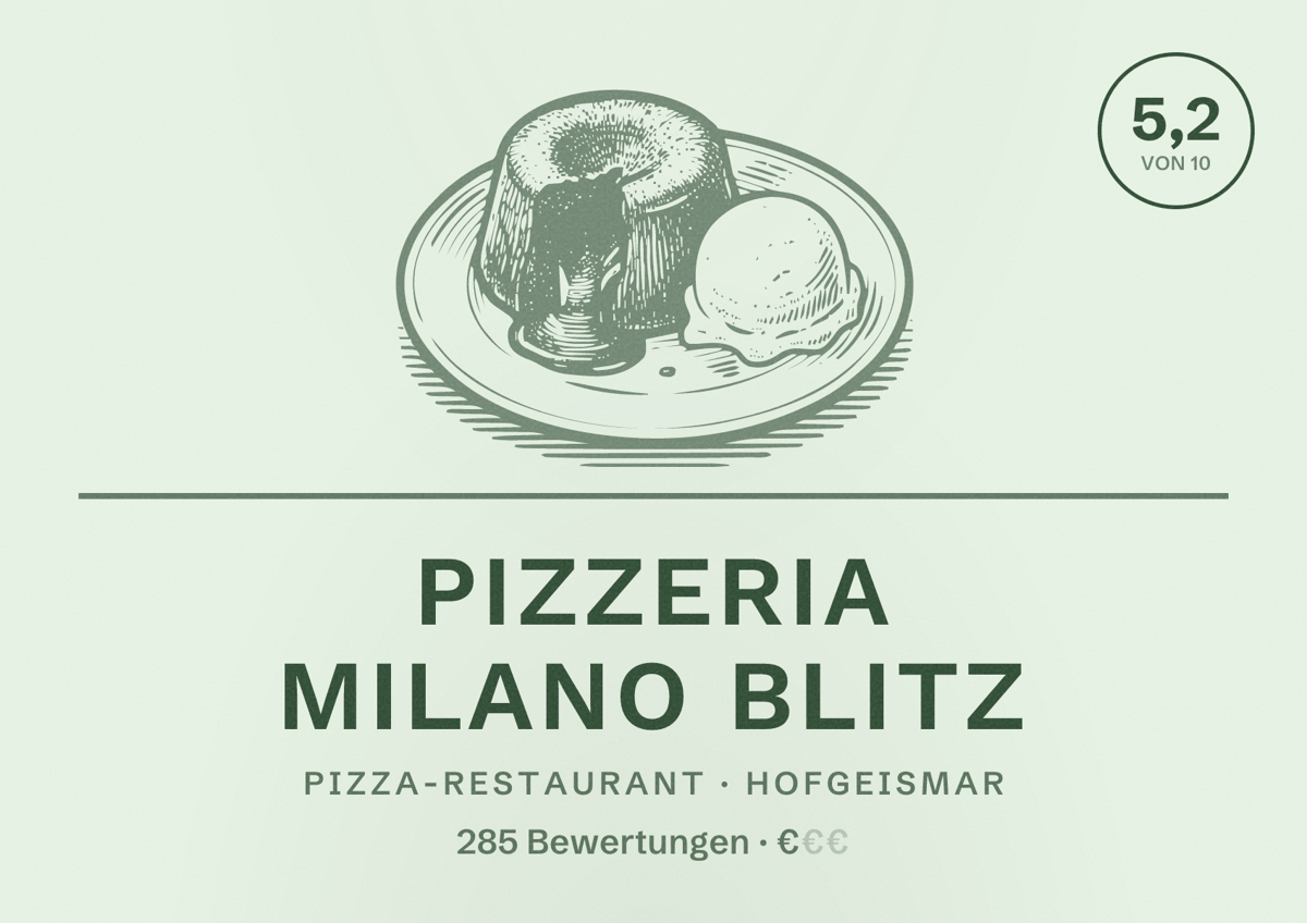 Illustriertes Poster von Pizzeria Milano Blitz, Pizza-Restaurant in Hofgeismar: Bewertung 5,2 von 10 aus 285 Bewertungen, Preisniveau €