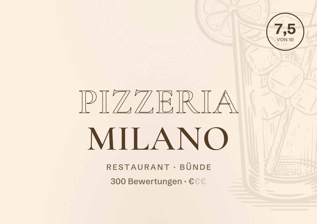 Illustriertes Poster von Pizzeria Milano, Restaurant in Bünde: Bewertung 7,5 von 10 aus 300 Bewertungen, Preisniveau €