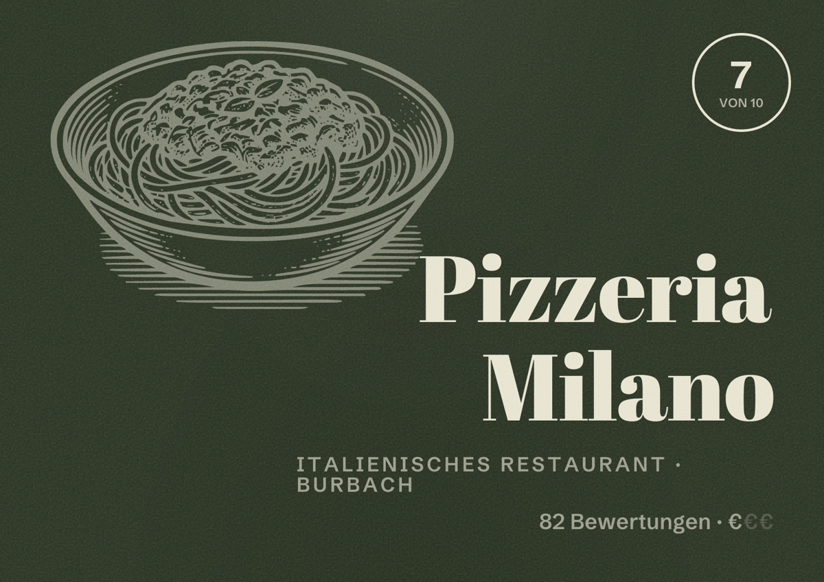 Illustriertes Poster von Pizzeria Milano, Italienisches Restaurant in Burbach: Bewertung 7 von 10 aus 82 Bewertungen, Preisniveau €