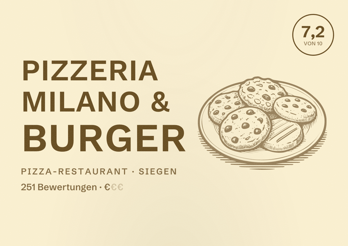 Illustriertes Poster von Pizzeria Milano & Burger, Pizza-Restaurant in Siegen: Bewertung 7,2 von 10 aus 251 Bewertungen, Preisniveau €