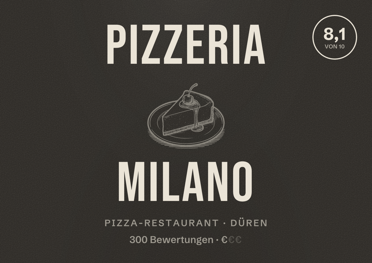 Illustriertes Poster von Pizzeria Milano, Pizza-Restaurant in Düren: Bewertung 8,1 von 10 aus 300 Bewertungen, Preisniveau €