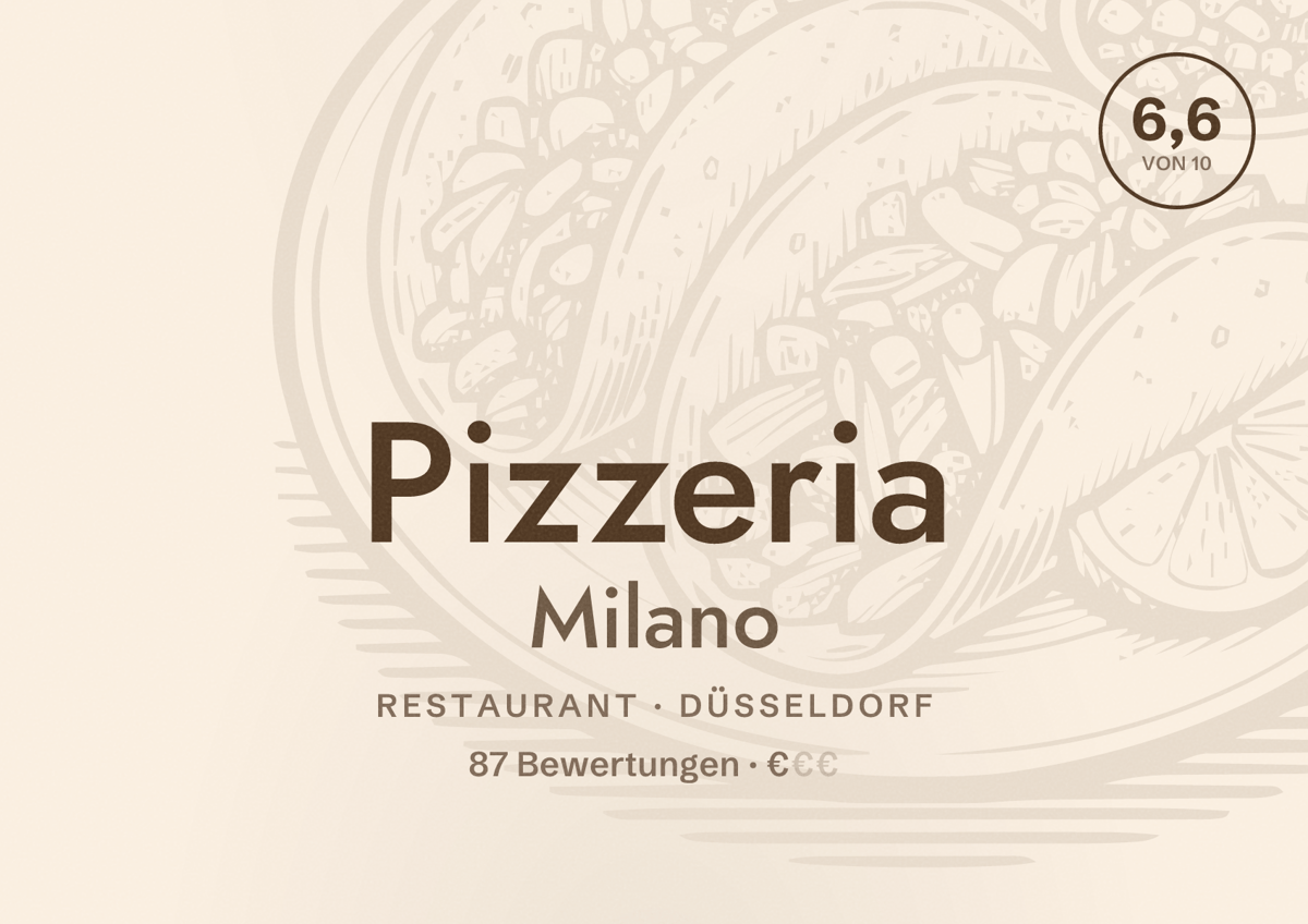Illustriertes Poster von Pizzeria Milano, Restaurant in Düsseldorf: Bewertung 6,6 von 10 aus 87 Bewertungen, Preisniveau €