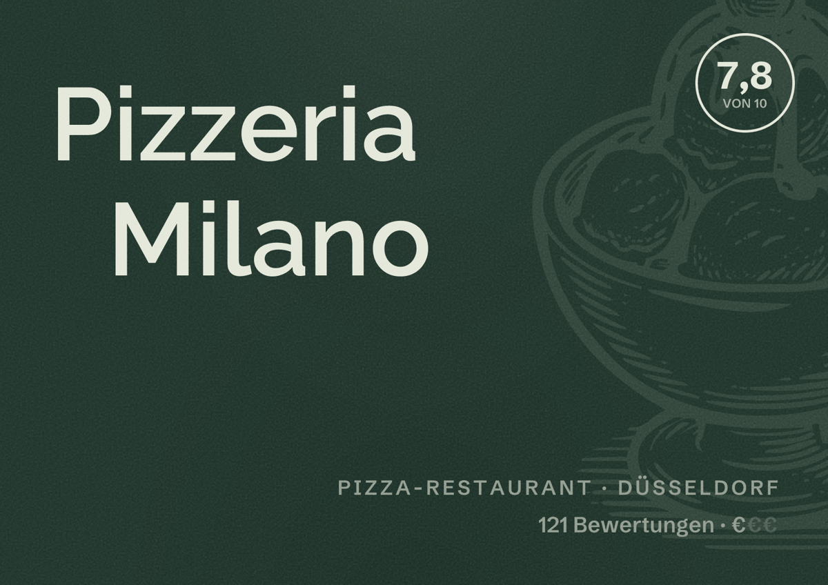 Illustriertes Poster von Pizzeria Milano, Pizza-Restaurant in Düsseldorf: Bewertung 7,8 von 10 aus 121 Bewertungen, Preisniveau €