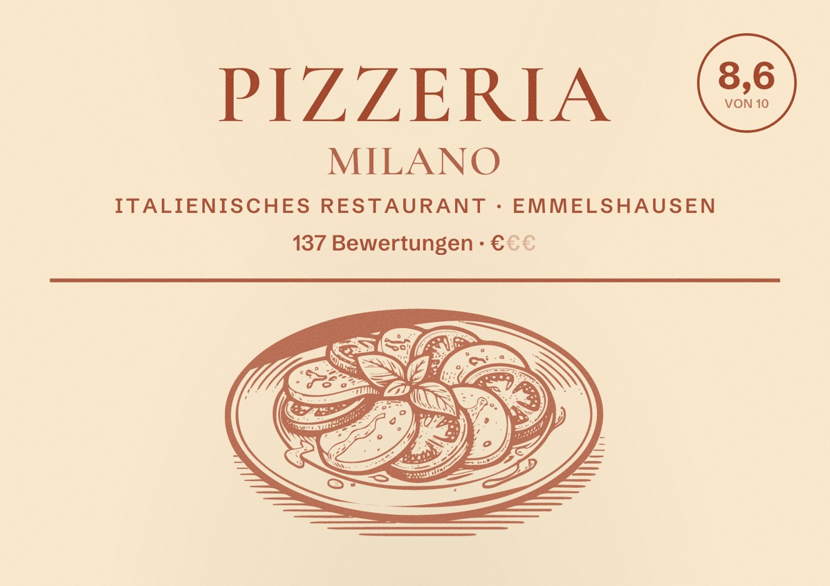 Illustriertes Poster von Pizzeria Milano, Italienisches Restaurant in Emmelshausen: Bewertung 8,6 von 10 aus 137 Bewertungen, Preisniveau €